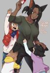  2boys 2girls agawa_ryou animal_ears arm_up artist_name asymmetrical_bangs bangs black_eyes black_hair black_pants blue_pants breasts brown_hair clothes_pull collarbone commentary dark-skinned_female dark-skinned_male dark_skin dated denim english_commentary envelope fang feet_out_of_frame frilled_shirt frilled_sleeves frills from_behind green_shirt grey_background hair_between_eyes hand_on_another&#039;s_head holding holding_envelope hood hood_down hoodie hugging_another&#039;s_leg jacket jeans large_breasts layered_sleeves long_hair long_sleeves looking_at_another looking_down looking_up medium_hair multicolored_clothes multicolored_hoodie multiple_boys multiple_girls numbered open_mouth original pants parted_bangs pink_shirt ponytail pullover red_vest shirt shirt_pull short_eyebrows short_hair simple_background sleeves_past_elbows straight_hair thick_eyebrows upper_body v-shaped_eyebrows vest white_hoodie white_jacket white_shirt yellow_hoodie 