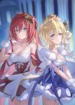  2girls alternate_costume bangs bare_shoulders blonde_hair blue_dress blue_eyes blurry blurry_background breasts cleavage cowboy_shot dress europa_(granblue_fantasy) gloves godsworn_alexiel granblue_fantasy hair_ornament highres long_hair looking_at_viewer medium_breasts mittens multiple_girls own_hands_together red_eyes red_hair ribbon shiromimin short_hair smile strapless strapless_dress tiara white_gloves 