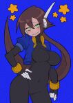  1girl absurdres aile_(mega_man_zx) black_bodysuit blue_background blue_jacket bodysuit bodysuit_under_clothes breasts brown_hair buzzlyears covered_navel cowboy_shot cropped_jacket faux_traditional_media glowing glowing_eyes green_eyes hand_on_own_hip highres jacket large_breasts long_hair looking_at_viewer mega_man_(series) mega_man_zx mega_man_zx_advent no_pants open_clothes open_jacket parted_lips ponytail robot_ears sharp_teeth simple_background smile solo star_(symbol) teeth 