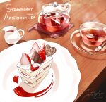  cake cake_slice chocolate cup food food_focus fruit glass_saucer glass_teacup glass_teapot highres icing no_humans original plate saucer steam strawberry strawberry_shortcake table tea teacup teapot tomma_mayuka wooden_table 