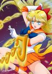  1girl aino_minako bishoujo_senshi_sailor_moon blonde_hair blue_eyes gloves highres leotard magical_girl non-web_source orange_skirt sailor_venus skirt super_sailor_venus white_gloves 