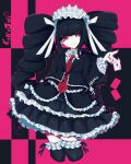  1girl absurdres black_background black_hair black_jacket black_nails black_skirt black_thighhighs card celestia_ludenberg cropped_legs danganronpa:_trigger_happy_havoc danganronpa_(series) drill_hair earrings frilled_jacket frilled_skirt frills highres holding holding_card jacket jewelry layered_skirt long_hair long_sleeves nail_polish necktie open_clothes open_jacket pink_background print_necktie red_eyes red_necktie rein_(3313) skirt smile solo thighhighs twin_drills twintails 