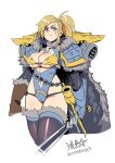  1girl adeptus_astartes animal_skull armor axe blonde_hair blue_eyes boobplate braid breasts cape chain chain_necklace cleavage_cutout closed_mouth clothing_cutout commentary cup english_commentary fang fang_out full_armor full_body fur_cape fur_trim gauntlets genderswap genderswap_(mtf) hair_pulled_back highres hip_vent holding jewelry large_breasts leman_russ long_hair looking_at_viewer mjalnar navel navel_cutout necklace pauldrons pelt pendant ponytail power_armor primarch ryuusei_(mark_ii) scar scar_across_eye scar_on_face shoulder_armor side_braids solo space_wolves spiked_armor sword tankard thighhighs warhammer_40k weapon white_background wide_hips wolf_pelt 