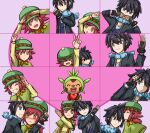  1boy 1girl alain_(pokemon) black_hair blue_eyes blue_scarf blush blush_stickers brown_hair chespin closed_eyes fingerless_gloves gloves green_hat hat heart heart_trace hetero holding holding_heart kiss looking_at_viewer mairin_(pokemon) mega_ring one_eye_closed pink_background pokemon pokemon_(anime) pokemon_(creature) pokemon_xy_(anime) pom_pom_(clothes) red_hair sakuds scarf smile v 