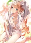  1girl absurdres arm_up bare_legs barefoot between_legs blonde_hair blue_eyes blurry blurry_background breasts cardigan cleavage collarbone hand_between_legs highres isekai_de_cheat_nouryoku_o_te_ni_shita_ore_wa_genjitsu_sekai_o_mo_musou_suru jewelry kuwashima_rein lexia_von_arselia long_hair long_sleeves looking_at_viewer naked_cardigan official_art open_cardigan open_clothes parted_lips pendant sitting sleeves_past_wrists small_breasts solo very_long_hair white_cardigan 