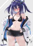  1girl :o alternate_costume armpits belt bikini black_bikini black_shorts blue_archive blush breasts cleavage coat collarbone commentary_request dripping groin hair_between_eyes halo hands_on_own_hips head_tilt highres hot ineedu041_tako long_hair long_sleeves looking_at_viewer medium_breasts navel open_clothes open_coat parted_lips purple_eyes purple_hair short_shorts shorts sidelocks simple_background solo spaghetti_strap stomach sweat swimsuit triangle_hair_ornament two_side_up white_coat yuuka_(blue_archive) 