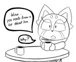  2023 4_fingers aggretsuko ailurid black_eyes black_nose cafeteria chair clothed clothing coffee_mug dialogue english_description english_text eyebrows eyelashes female fingers furniture hi_res holding_object mammal monochrome on_chair open_mouth red_nulo red_panda redpandanull retsuko sanrio simple_background sitting sitting_on_chair solo speech_bubble sweater table text topwear turtleneck 