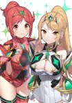  2girls absurdres bare_shoulders blonde_hair blush breasts cleavage earrings elbow_gloves gloves green322 headpiece highres jewelry large_breasts long_hair looking_at_viewer multiple_girls mythra_(xenoblade) ponytail pyra_(xenoblade) red_hair short_hair short_ponytail shorts smile swept_bangs tiara very_long_hair xenoblade_chronicles_(series) xenoblade_chronicles_2 yellow_eyes 