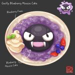  artist_logo artist_name blueberry cake food food_focus food_name fruit gastly grey_background highres icing mousse_(food) no_humans pokemon pokemon_(creature) simple_background strawberry whipped_cream yuki00yo 