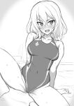  1girl :d arm_support blush breasts collarbone commentary_request competition_swimsuit covered_navel crossed_bangs girls_und_panzer good_meat_day greyscale groin hair_between_eyes highleg highleg_swimsuit highres itsumi_erika looking_at_viewer medium_breasts medium_hair monochrome mordeth one-piece_swimsuit open_mouth simple_background sitting smile solo spread_legs swimsuit thighs wet 