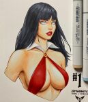  1girl art_tools_in_frame black_hair blue_eyes breasts commentary cropped_torso detached_collar english_commentary highres large_breasts long_hair marker_(medium) parted_lips photoshop_(medium) red_lips sling_bikini_top solo traditional_media vampirella vampirella_(character) will_jack 