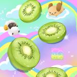  &gt;_&lt; animal artist_logo artist_name blue_sky cloud dog falling food food_focus fruit highres kiwi_(fruit) kiwi_slice original rainbow sheep sky undersized_animal yuki00yo 