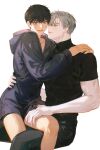  2boys black_pants black_shirt brown_hair closed_mouth feet_out_of_frame grey_hair hair_between_eyes highres hood hoodie ilay_riegrow jeong_taeui light_smile long_sleeves male_focus multiple_boys open_mouth pants passion_(manhwa) purple_hoodie shirt short_hair short_sleeves simple_background sitting sitting_on_person smile whiteislife_4 yaoi 