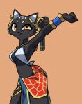  2023 black_body black_fur breasts brown_eyes clothing domestic_cat ear_piercing ear_ring egyptian egyptian_clothing felid feline felis female fur hi_res humanoid mammal navel nulia piercing ring_piercing simple_background solo tarahe 