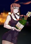  1girl animal_ears artist_name black_necktie blurry blurry_background bottle braid braided_ponytail chainsaw_man champagne_bottle collared_shirt cottonwings dress fake_animal_ears holding holding_bottle looking_at_viewer makima_(chainsaw_man) medium_hair necktie parted_lips pinafore_dress rabbit_ears red_hair shirt sidelocks sleeveless sleeveless_shirt solo white_shirt wrist_cuffs yellow_eyes 