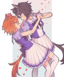  2girls absurdres animal_ears arm_around_neck black_hair black_tail blue_eyes bow bowtie crown dancing ear_ornament enaka_(user_kgsd3344) eye_contact falling_petals feet_out_of_frame frilled_skirt frills fuji_kiseki_(umamusume) hair_between_eyes hand_on_another&#039;s_back hand_on_another&#039;s_shoulder highres holding_hands horse_ears horse_girl horse_tail horseshoe_ornament interlocked_fingers looking_at_another mini_crown multicolored_hair multiple_girls orange_hair orange_tail parted_lips petals pleated_skirt puffy_short_sleeves puffy_sleeves purple_bow purple_bowtie purple_eyes purple_serafuku purple_shirt purple_skirt sailor_collar sailor_shirt school_uniform serafuku shirt short_hair short_sleeves skirt smile socks standing streaked_hair summer_uniform sweat t.m._opera_o_(umamusume) tail tango tracen_school_uniform umamusume white_hair white_skirt white_socks yuri zettai_ryouiki 