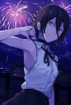  1girl black_hair chainsaw_man choker fence fireworks green_eyes grenade_pin hair_bun highres nasubin_(nasubisamurai15) night night_sky outdoors reze_(chainsaw_man) ribbon shirt single_hair_bun sky sleeveless sleeveless_shirt solo white_shirt 