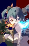  1girl black_dress black_gloves blue_dress blue_eyes blue_fire breath_weapon breathing_fire claw_pose covering_own_mouth dress fire gloves hand_over_own_mouth hatsune_miku highres open_mouth re_lura red_eyes salamander_(vocaloid) solo tongue tongue_out twintails 