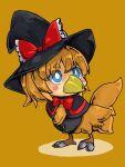  1girl beak black_capelet black_hat black_shirt blonde_hair blue_eyes bow bowtie bright_pupils capelet chocobo commentary_request cookie_(touhou) final_fantasy full_body hat hat_bow human_head kanakamei1 kirisame_marisa looking_to_the_side medium_bangs meguru_(cookie) red_bow red_bowtie shirt short_hair simple_background solo thick_eyebrows touhou white_pupils witch_hat yellow_background 
