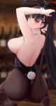 1girl absurdres animal_ears arms_up ass back backless_leotard bar_(place) black_hair black_leotard blue_archive blurry blurry_background bottle breasts chien_zero detached_collar fake_animal_ears fake_tail from_behind hair_ornament hairclip halo high_ponytail highres large_breasts leotard long_hair looking_back no_shoes parted_lips playboy_bunny rabbit_ears rabbit_tail red_eyes rio_(blue_archive) sitting soles solo tail tying_hair very_long_hair wariza wrist_cuffs 
