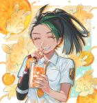  1girl ^_^ black_hair border closed_eyes closed_mouth collared_shirt commentary_request cup drinking drinking_straw eyelashes food fruit glass green_hair highres juice multicolored_hair nemona_(pokemon) orange_(fruit) orange_background orange_juice orange_slice outside_border pawmi pokemon pokemon_(creature) pokemon_sv sasano_(fuyutomori) shirt smile solo streaked_hair two-tone_hair upper_body white_border white_shirt 