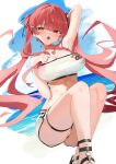  1girl absurdres bare_shoulders beach bikini blush breasts cleavage heterochromia highres hololive houshou_marine jewelry large_breasts long_hair looking_at_viewer necklace open_mouth red_eyes red_hair sandals short_shorts shorts solo strapless swimsuit thigh_strap tube_top twintails very_long_hair virtual_youtuber white_shorts yellow_eyes yuzuyukiha 
