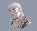  1boy arknights black_tank_top coffeedemise cropped_shoulders facial_hair goatee humanization male_focus mature_male mountain_(arknights) muscular muscular_male neck_tattoo open_mouth scar scar_across_eye scar_on_face solo tank_top tattoo thick_eyebrows white_hair 