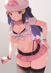  1girl alternate_costume beanie belt black_belt black_thighhighs blue_hair blush bra bra_peek bracelet breasts choker cleavage closed_mouth commentary_request crop_top dawn_(pokemon) front-tie_top hair_ornament hat highres holding holding_poke_ball jewelry long_hair looking_at_viewer midriff miniskirt navel panty_straps pink_skirt pleated_skirt poke_ball poke_ball_(basic) pokemon pokemon_(game) pokemon_dppt red_choker revealing_clothes short_sleeves skirt skirt_tug small_breasts solo spring2013 stomach sweatdrop thighhighs thighs underwear v-shaped_eyebrows white_headwear 