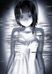  1girl :| absurdres camisole closed_mouth collarbone commentary english_commentary expressionless eye_reflection glitch greyscale hair_ornament highres iwakura_lain kein_hasegawa looking_at_viewer monochrome reflection scanlines serial_experiments_lain short_hair solo upper_body x_hair_ornament 