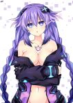  1girl adapted_costume alternate_costume annoyed blue_eyes blush braid breasts chest_tattoo cleavage crossed_arms d-pad d-pad_hair_ornament groin hair_between_eyes hair_ornament highres jacket jacket_pull lewdkuma long_hair looking_at_viewer medium_breasts midriff navel nepnep_connect:_chaos_chanpuru neptune_(series) no_bra off_shoulder open_clothes open_jacket open_mouth out-of-frame_censoring power_symbol purple_hair purple_heart purple_heart_(chaos_form) solo staring symbol-shaped_pupils tattoo twin_braids twintails undressing very_long_hair 