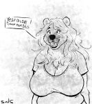  anthro bear big_breasts breasts clothed clothing english_text female fully_clothed hi_res mammal musk musk_fetish shirt simusart slightly_chubby smile solo speech_bubble t-shirt text topwear 