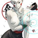  1girl bald bald_girl bowl breast_hold breasts breasts_out chaozu dragon_ball dragon_ball_z food genderswap genderswap_(mtf) grey_tank_top large_breasts no_nose pasties qingyun_zhizhe smile solo soup tank_top upper_body white_tank_top 