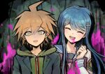  1boy 1girl :d black_jacket blood blood_from_mouth blue_sailor_collar brown_hair closed_eyes collarbone danganronpa:_trigger_happy_havoc danganronpa_(series) green_hair green_hoodie green_jacket green_sailor_collar hair_ornament hairclip highres hood hood_down hoodie jacket long_hair long_sleeves maizono_sayaka multicolored_background naegi_makoto open_clothes open_jacket pink_blood sailor_collar school_uniform short_hair smile teeth upper_teeth_only youko-shima 