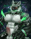 abs absurd_res anthro armor balls black_body black_fur bodysuit canid canine clothing damaged_clothing duckaphion embarrassed erection fur genitals green_eyes hi_res lifewonders live_a_hero machine male mammal metal monomasa muscular muscular_male neon neon_lights nipples pecs penis red_sclera robot skinsuit solo tight_clothing white_body white_fur