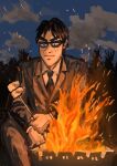  1-nichi_gaishutsuroku_hanchou 1boy absurdres black_eyes black_hair black_jacket black_necktie black_pants blazer blue_sky campfire closed_mouth cloud collared_shirt commentary_request cooking feet_out_of_frame fire fukumoto_nobuyuki_(style) highres jacket kaiji long_sleeves male_focus minahamu miyamoto_hajime necktie night official_style pants parody pointy_nose s&#039;more shirt short_bangs short_hair sky smile solo style_parody suit sunglasses thick_eyebrows v-shaped_eyebrows white_shirt 