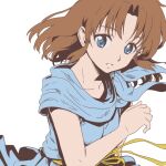  1girl ancient_ys_vanished bare_arms blue_eyes blue_tunic brown_hair collarbone floating_hair lilia_(ys) long_hair parted_lips ribbon solo straight_hair white_background yazwo yellow_ribbon ys 