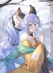  1girl animal_ears bangs blush breasts granblue_fantasy hair_ornament hands_up highres japanese_clothes kimono long_hair looking_at_viewer official_alternate_costume open_mouth outdoors own_hands_together palms_together ponytail purple_eyes purple_hair satyr_(granblue_fantasy) shawl shiromimin small_breasts smile solo upper_body very_long_hair wide_sleeves yellow_kimono 