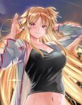  1girl arm_behind_head black_camisole blonde_hair breasts camisole cleavage closed_mouth collarbone fate_testarossa floating_hair grey_jacket highres holding jacket large_breasts long_hair looking_at_viewer lyrical_nanoha mahou_shoujo_lyrical_nanoha_strikers navel open_clothes open_jacket red_eyes smile solo sougetsu_izuki straight_hair sweatdrop tying_hair unzipped upper_body very_long_hair zipper 