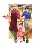  1girl 2boys :d absurdres apron arms_up black_hair blonde_hair blue_shirt blurry blurry_background brown_footwear brown_hair brown_pants buddy_daddies family food green_pants hair_bun hand_on_own_hip highres holding holding_tray indoors kurusu_kazuki mary_janes multiple_boys pancake pancake_stack pants pink_footwear ponytail red_shirt shirt shoes smile suwa_rei tray unasaka_miri vs12_25 walking 