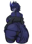  anthro big_breasts big_butt blue_eyes breasts butt clothing ear_piercing female fishnet_clothing fur hi_res horn huge_breasts mammal piercing procyonid purple_body purple_fur raccoon snuffy solo tongue tongue_out vtuber zak_hitsuji 
