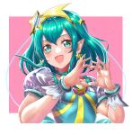  1girl :d absurdres aqua_choker aqua_eyes aqua_hair blush border collarbone cure_milky floating_hair hair_ornament hairband heart heart_hands highres long_hair looking_at_viewer open_mouth pink_background pointy_ears precure sakana_sakanama see-through see-through_sleeves shiny_hair short_sleeves smile solo star-shaped_pupils star_(symbol) star_hair_ornament star_twinkle_precure symbol-shaped_pupils upper_body white_border wrist_cuffs yellow_hairband 