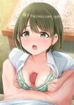  1boy 1girl between_breasts blush bra breasts breasts_squeezed_together brown_eyes censored collarbone frilled_bra frills green_bra green_hair highres idolmaster idolmaster_shiny_colors kata2yama looking_at_viewer medium_breasts mosaic_censoring nanakusa_nichika open_clothes open_mouth open_shirt paizuri paizuri_under_clothes penis pov pov_crotch school_uniform shirt short_hair sweat sweatdrop underwear white_shirt 