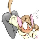  anthro bent_over blush bottomwear charles_carbuckle clothed clothing derangedartist erection erection_under_clothing felid feline grey_bottomwear grey_clothing grey_pants hat headgear headwear male mammal pants solo surprised_expression tenting whiskers 