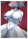  10ne-v abstract_background absurd_res alexa_(10ne-v) anthro big_breasts breasts canid canine female fox grey_hair hair hi_res living_machine machine mammal nipples photo red_background robot simple_background smile solo thick_thighs white_body 