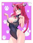  1girl :3 animal_ear_fluff animal_ears atto_silia bare_hips bare_shoulders blue_eyes blush breasts cat_ears cat_tail cleavage cleavage_cutout clothing_cutout contrapposto covered_navel cowboy_shot fang halo heterochromia highleg highleg_swimsuit highres hololive hololive_english irys_(hololive) kemonomimi_mode large_breasts long_hair looking_at_viewer one-piece_swimsuit open_mouth paw_pose paw_print paw_print_background pink_eyes red_hair sideboob smile solo swimsuit tail turtleneck turtleneck_one-piece_swimsuit virtual_youtuber 