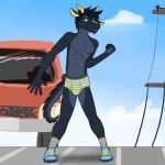  anthro blep briefs briefs_only car clothed clothing dancing dragon eastern_dragon footwear fuze hi_res male mythological_creature mythological_scalie mythology navel nipples outside public scalie shoes socks solo sunny_xiaolong tongue tongue_out topless underwear underwear_only vehicle 