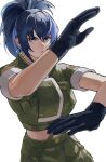  1girl black_gloves blue_eyes blue_hair earrings gloves green_jacket highres jacket jewelry leona_heidern military military_uniform oni_gini ponytail simple_background solo suspenders the_king_of_fighters the_king_of_fighters_xv triangle_earrings uniform white_background 
