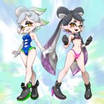  2girls :d ankle_boots bare_shoulders black_footwear black_gloves black_hair blue_leotard boots bow-shaped_hair breasts callie_(splatoon) cousins cross-shaped_pupils detached_collar earrings fangs gloves gradient_hair green_hair grey_hair grin high_heel_boots high_heels highleg highleg_panties highres inkling jewelry koharu2.5 leotard long_hair marie_(splatoon) medium_breasts mole mole_under_eye multicolored_hair multiple_girls navel panties pink_panties pointy_ears purple_hair red_pupils short_eyebrows short_hair smile splatoon_(series) strapless strapless_leotard symbol-shaped_pupils teeth tentacle_hair two-tone_hair underboob underwear very_long_hair white_gloves yellow_eyes 