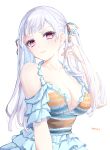  1girl black_clover blue_dress breasts cleavage dress grey_hair highres large_breasts long_hair looking_at_viewer multicolored_clothes multicolored_dress noelle_silva orange_dress pink_eyes simple_background slacky_y solo twintails white_background 