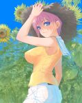  1girl bare_arms bare_shoulders blue_eyes breasts closed_mouth field flower flower_field go-toubun_no_hanayome hand_up highres hirokiku large_breasts looking_at_viewer nakano_ichika outdoors pants pink_hair shirt short_hair solo sunflower sunflower_field t-shirt white_pants yellow_shirt 